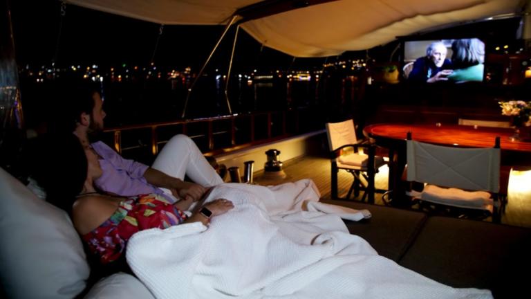 Cozy evening outdoors watching your favorite movie